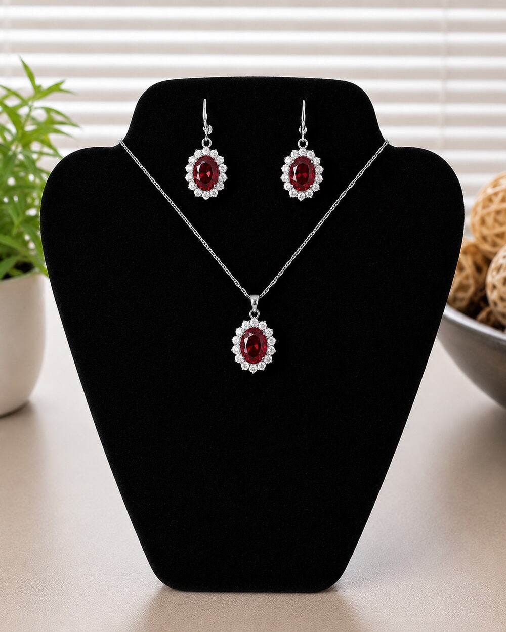 Ruby Red Oval Crystal Necklace & Earrings Set Silver Tone Halo Jewelry